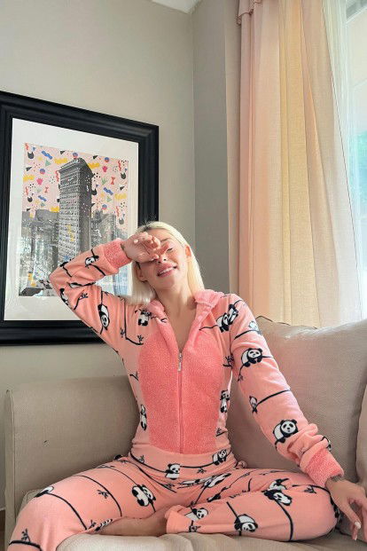 Somon Sleep Panda Desenli Kadın Polar Peluş Tulum Pijama Takımı - 4