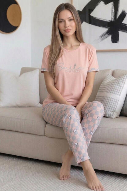 Somon Smile Desenli Bambu Kısa Kol Kadın Pijama Takımı - 3