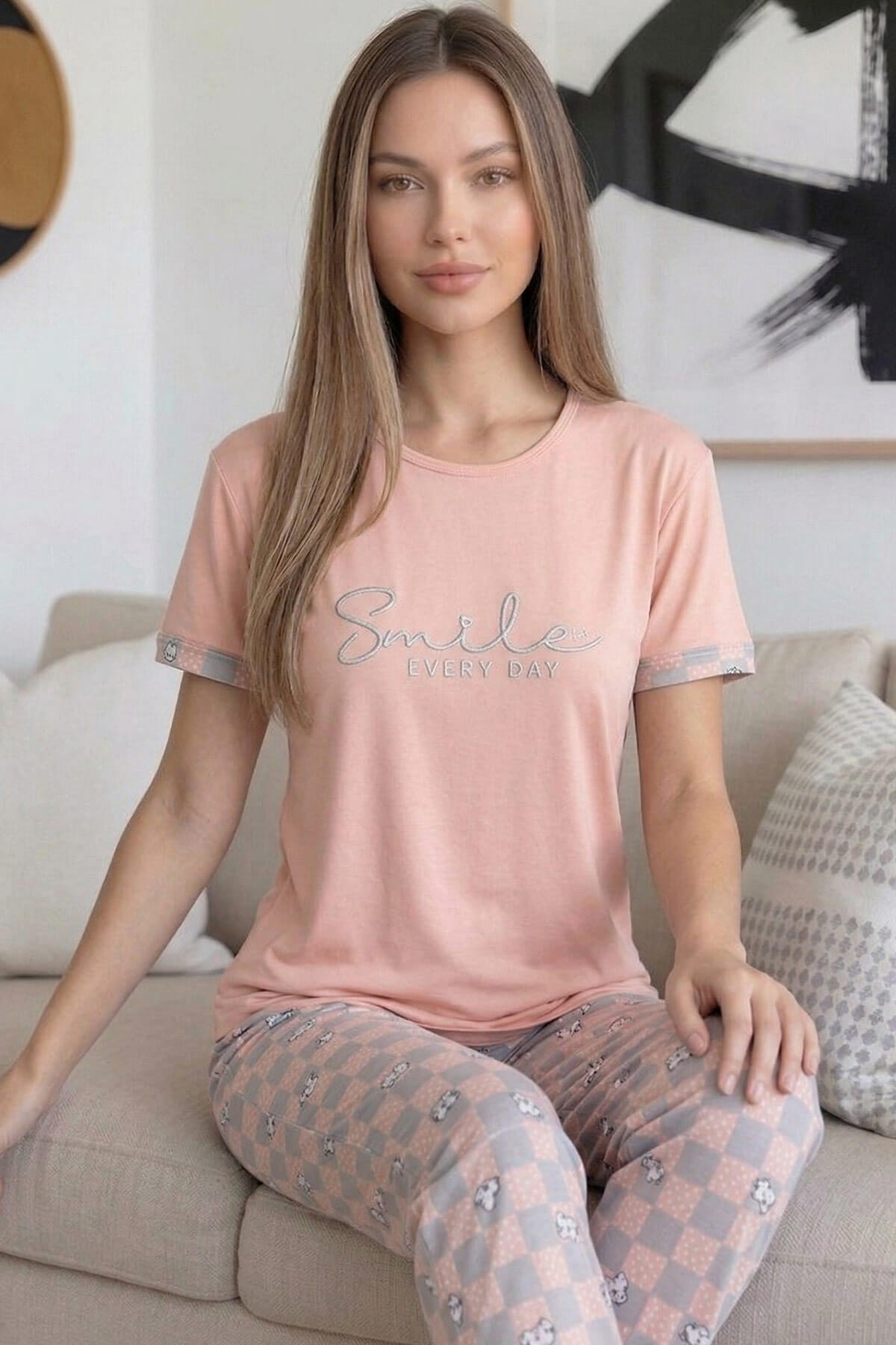 Somon Smile Desenli Bambu Kısa Kol Kadın Pijama Takımı - Pijamaevi (3)