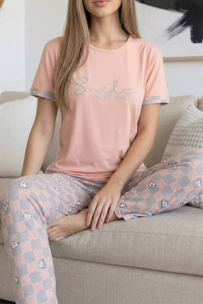 Somon Smile Desenli Bambu Kısa Kol Kadın Pijama Takımı - 5