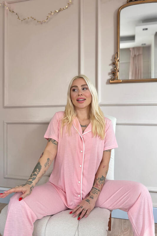 Somon Sofistic Önden Düğmeli Kısa Kol Kadın Pijama Takımı - Pijamaevi (1)