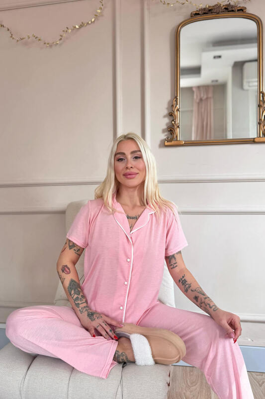 Somon Sofistic Önden Düğmeli Kısa Kol Kadın Pijama Takımı - Pijamaevi (2)