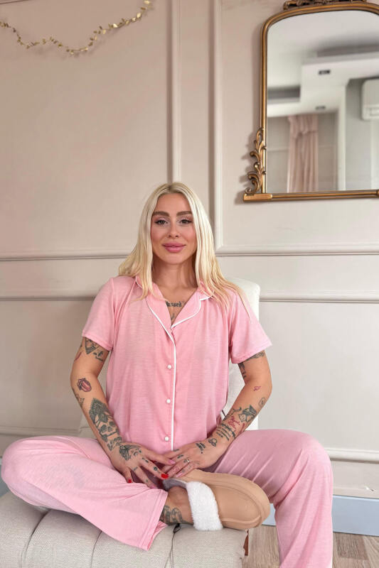 Somon Sofistic Önden Düğmeli Kısa Kol Kadın Pijama Takımı - Pijamaevi (3)