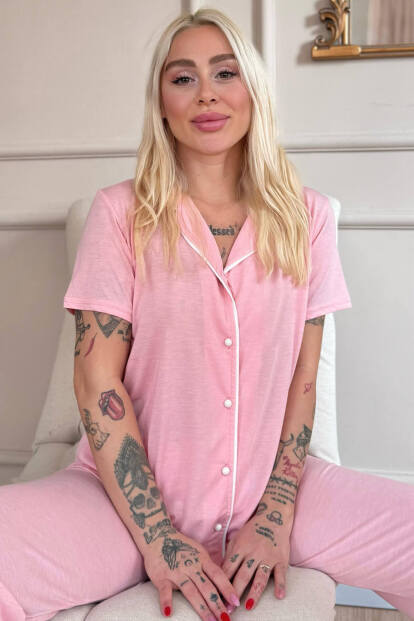 Somon Sofistic Önden Düğmeli Kısa Kol Kadın Pijama Takımı - 7