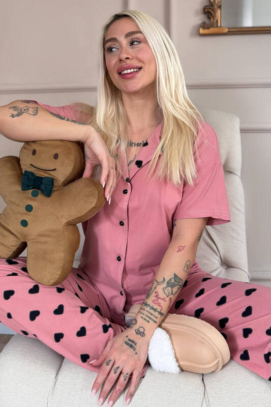 Somon Soft Charm Desenli Bambu Önden Düğmeli Kısa Kol Pijama Takımı - Pijamaevi