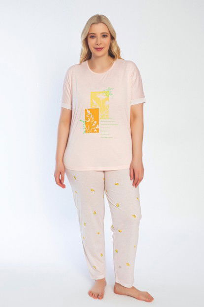 Somon Soyut Baskılı Kısa Kollu Büyük Beden Battal Pijama Takımı - 2