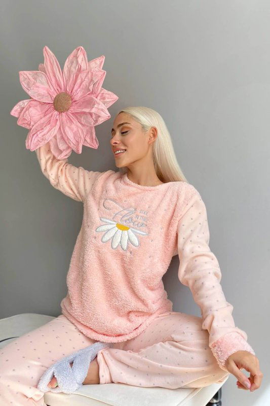 Somon Stay Flow Desenli Kadın Peluş Pijama Takımı - Pijamaevi (2)