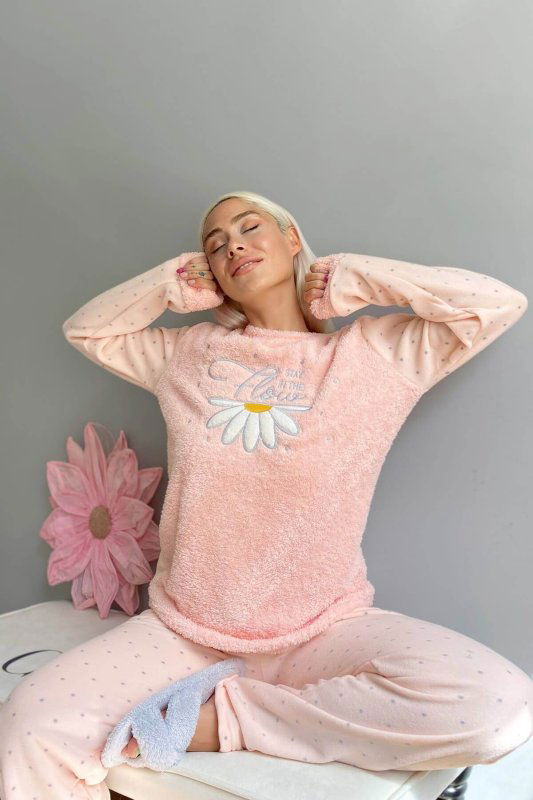 Somon Stay Flow Desenli Kadın Peluş Pijama Takımı - Pijamaevi (3)