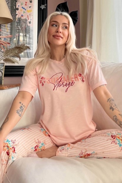 Somon Storage Baskılı Örme Kısa Kol Kadın Pijama Takımı - 1