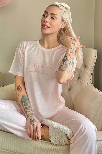 Somon Three Heart Baskılı Örme Kısa Kollu Kadın Pijama Takımı - 1