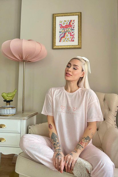 Somon Three Heart Baskılı Örme Kısa Kollu Kadın Pijama Takımı - 3