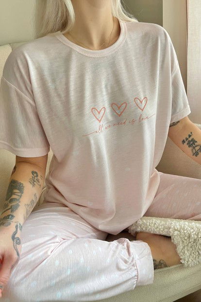 Somon Three Heart Baskılı Örme Kısa Kollu Kadın Pijama Takımı - 4