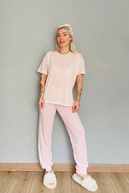 Somon Three Heart Baskılı Örme Kısa Kollu Kadın Pijama Takımı - 5