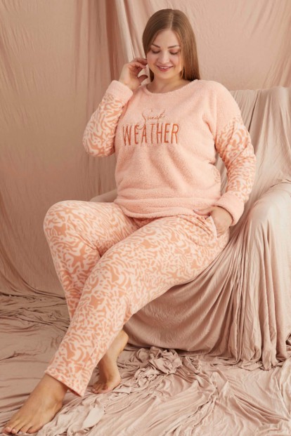 Somon Weather Desenli Büyük Beden Battal Peluş Pijama Takımı - 1