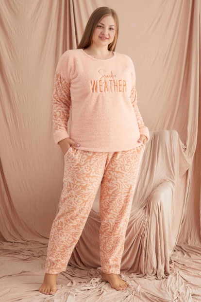 Somon Weather Desenli Büyük Beden Battal Peluş Pijama Takımı - 2