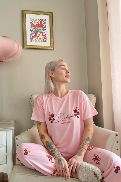Somon Weekend Baskılı Örme Kısa Kollu Kadın Pijama Takımı - 2
