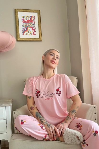 Somon Weekend Baskılı Örme Kısa Kollu Kadın Pijama Takımı - 3
