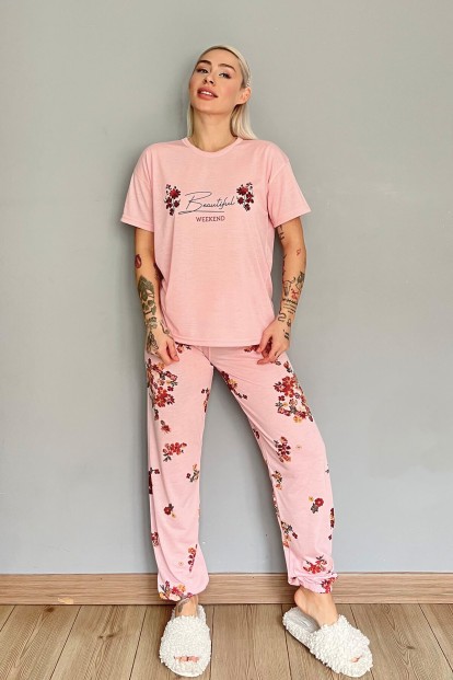 Somon Weekend Baskılı Örme Kısa Kollu Kadın Pijama Takımı - 5