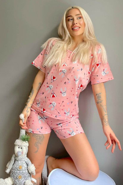 Somon Wild Rabbit Baskılı Şortlu Kadın Pijama Takımı - 1