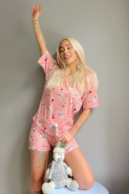 Somon Wild Rabbit Baskılı Şortlu Kadın Pijama Takımı - 4