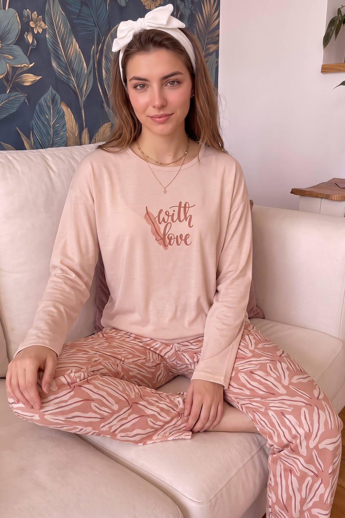 Somon With Love Desenli Bambu Uzun Kol Kadın Pijama Takımı - Pijamaevi (2)