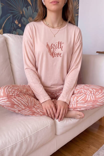 Somon With Love Desenli Bambu Uzun Kol Kadın Pijama Takımı - 4