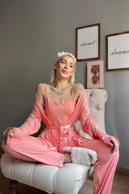 Somon Yıldız Desenli Bambu Sabahlıklı Kadın Pijama Seti - 2