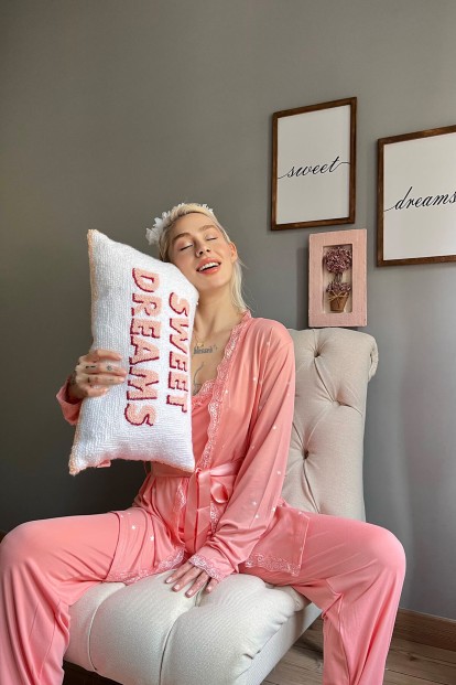 Somon Yıldız Desenli Bambu Sabahlıklı Kadın Pijama Seti - 3