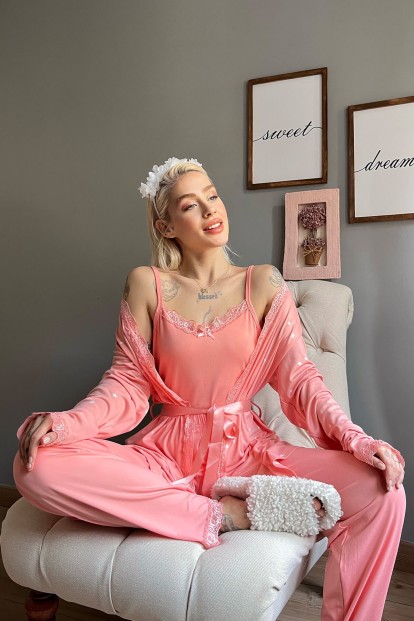 Somon Yıldız Desenli Bambu Sabahlıklı Kadın Pijama Seti - 5