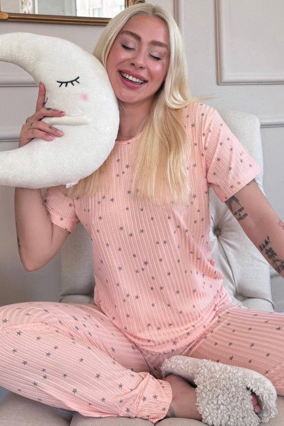 Somon Yıldız Desenli Kısa Kol Örme Zincir Kadın Pijama Takımı - 1