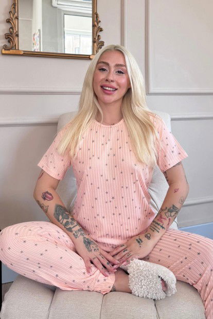 Somon Yıldız Desenli Kısa Kol Örme Zincir Kadın Pijama Takımı - 3