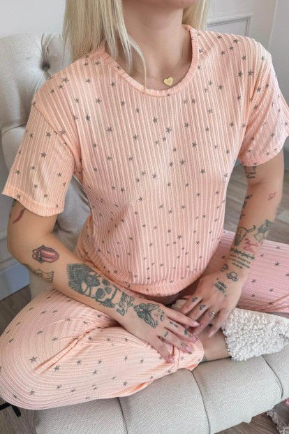 Somon Yıldız Desenli Kısa Kol Örme Zincir Kadın Pijama Takımı - 5