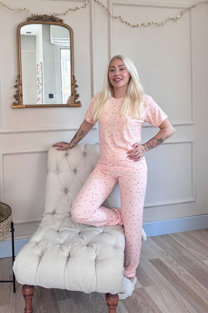 Somon Yıldız Desenli Kısa Kol Örme Zincir Kadın Pijama Takımı - 6