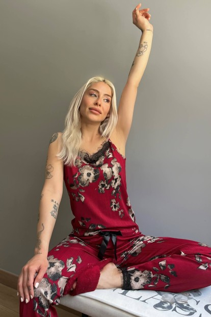 Soyut Dantelli İp Askılı Örme Kadın Pijama Takımı - 2