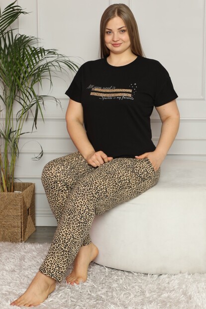 Sparkle Baskılı Kısa Kol Büyük Beden Battal Pijama Takımı - 1