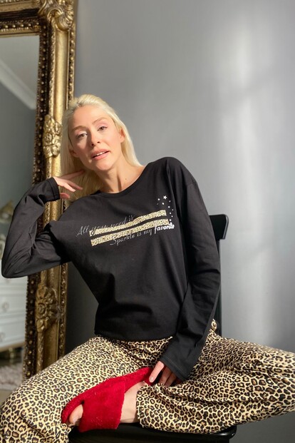 Sparkle Baskılı Uzun Kol Kadın Pijama Takımı - 3