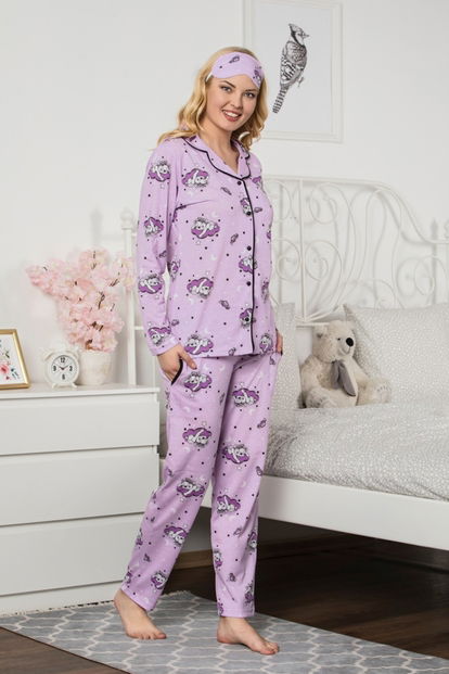 Star Cat Desenli Önden Düğmeli Uzun Kollu Pijama Takımı - 2