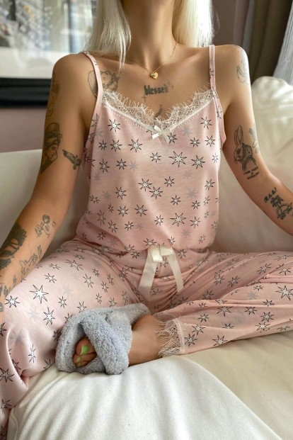 Stars Dantelli İp Askılı Örme Kadın Pijama Takımı - 4