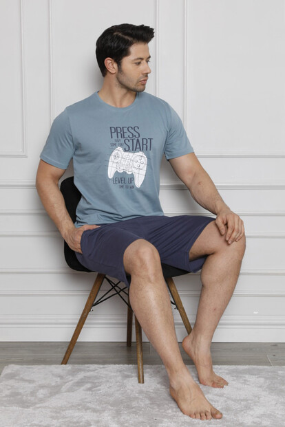 Start Baskılı Şortlu Kısa Kollu Erkek Pijama Takımı - 4