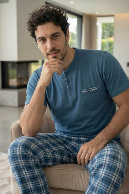 Steel Blue Kısa Kollu Cep Detaylı Elegant Erkek Pijama Takımı 