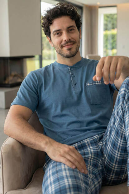 Steel Blue Kısa Kollu Cep Detaylı Elegant Erkek Pijama Takımı - 2