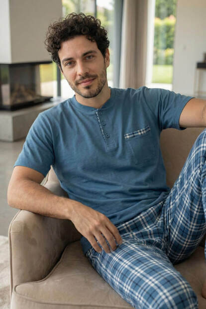 Steel Blue Kısa Kollu Cep Detaylı Elegant Erkek Pijama Takımı - 3