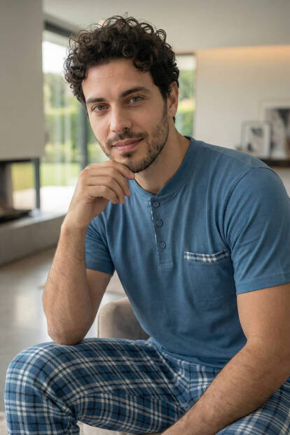 Steel Blue Kısa Kollu Cep Detaylı Elegant Erkek Pijama Takımı - 4