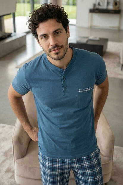 Steel Blue Kısa Kollu Cep Detaylı Elegant Erkek Pijama Takımı - 5