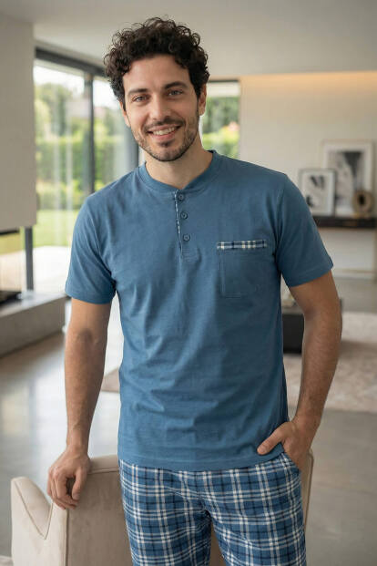 Steel Blue Kısa Kollu Cep Detaylı Elegant Erkek Pijama Takımı - 6