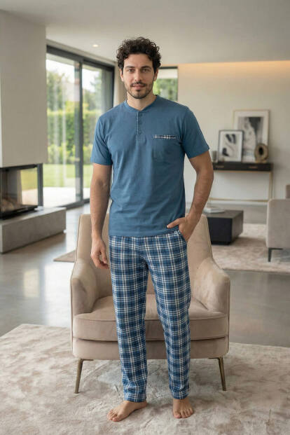 Steel Blue Kısa Kollu Cep Detaylı Elegant Erkek Pijama Takımı - 7