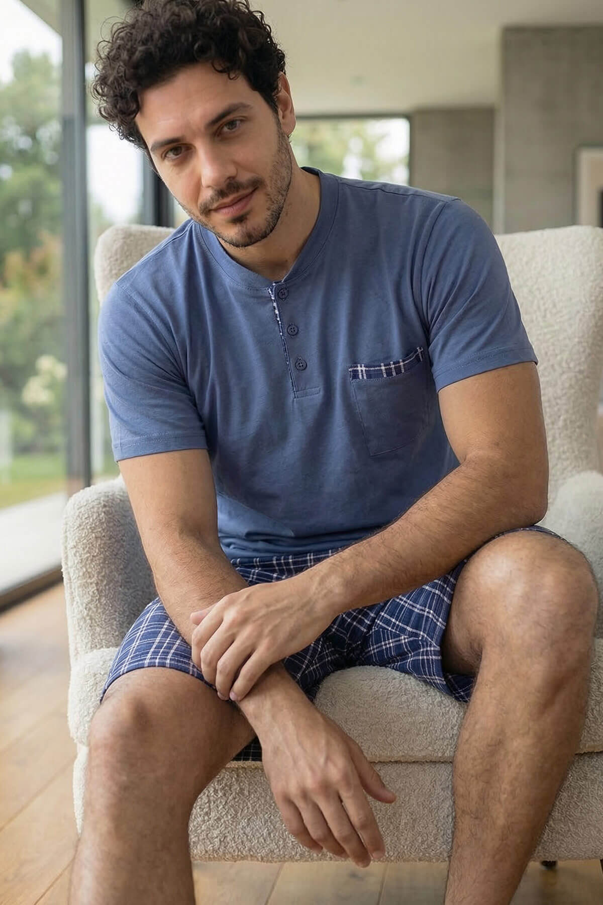 Steel Blue Şortlu Pat Detaylı Elegant Erkek Pijama Takımı - Pijamaevi