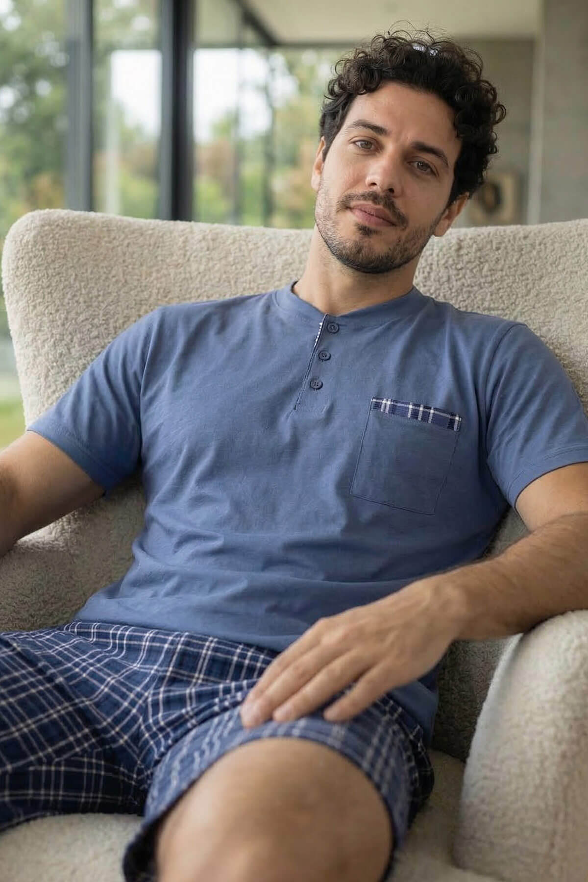 Steel Blue Şortlu Pat Detaylı Elegant Erkek Pijama Takımı - Pijamaevi (1)