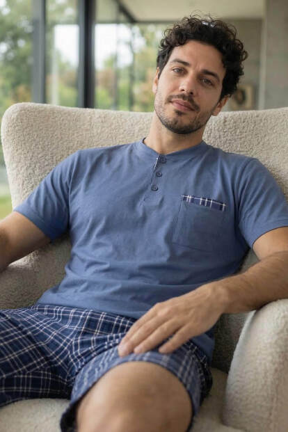 Steel Blue Şortlu Pat Detaylı Elegant Erkek Pijama Takımı - 2