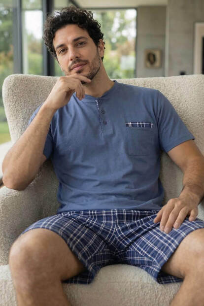 Steel Blue Şortlu Pat Detaylı Elegant Erkek Pijama Takımı - 3